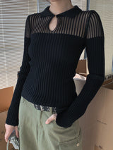 Collar See-Through Stripe Long Sleeve T-Shirt