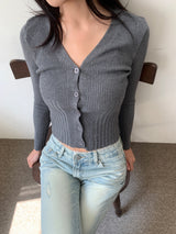 Twin QU Vネックリブ編みクロップド丈長袖ニットカーディガン (3 colors)