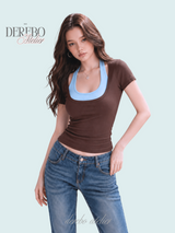 ブルー ホルター ブラウン ショートスリーブ Tシャツ