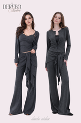 ロイヤル チャコール フリル トレーニング スリーピース セットアップ (Cardigan+Sleeveless+Pants)