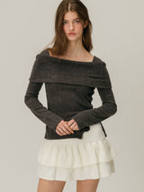 BUTTON OFF SHOULDER T-SHIRT / SKYBLUE
