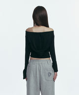 GRAPHIC OFF SHOULDER KNIT HOODED_BLACK