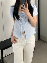 Karin Stripe Puff Short Sleeve Blouse