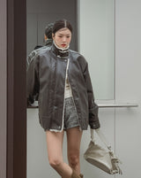 [Mink lining] キャッチレザーハイネックハーフコート