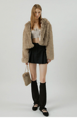 COMELY soft fur crop hoodie jacket [beige]
