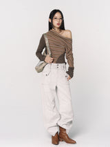 CONFUN Asymmetrical off-the-shoulder, laid-back and slimming base layer, striped knitted patchwork top