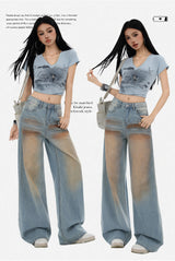 Light blue gradient blush washed straight leg floor-length jeans