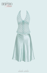 milk mint halter blouse silk skirt two-piece (TOP) 