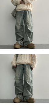 Weha knee shirring wide denim pants