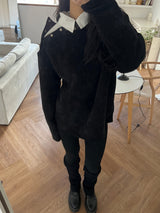 [UNISEX] Overfit velor off shoulder double snap button long sleeve knit T (4 colors)