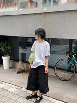 [unisex] Blanc Loose Fit Sleeve Color Matching Button Roll-Up Short Sleeve T-shirt