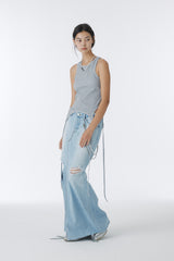 DAMAGED LONG DENIM SKIRT (BLUE)