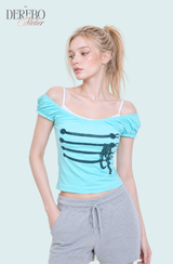 Rope Mint Shirring Off-Shoulder Short Sleeve T-Shirt