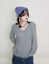 ラバーVネックダメージカットポイント長袖ニット (wool material)