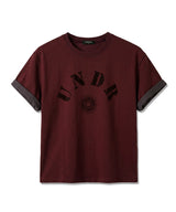 ロールアップスリーブクロップド半袖Tシャツ クラックソーラー バーガンディ
