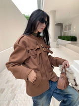 Suede lace-up no-collar jacket