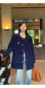 Renee Navy No Collar Round Half Coat