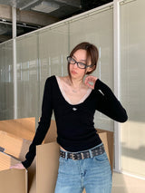 レースディテールVネックツイストロングスリーブTシャツ