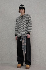 ストライプヘンリーネックTシャツ - Black