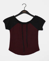 Chenler Striped Off-Shoulder Short-Sleeve T-shirt