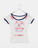 プリーツオフショルダーレタリングプリントカラーリング半袖Tシャツ