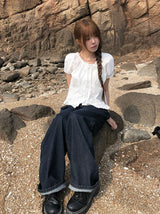 Beson Lace Button Ribbon Frill Blouse