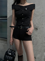 Deli off-shoulder button crop denim short sleeve T (3 colors)