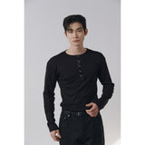 Leather ribbed henry neck long sleeves(Black)