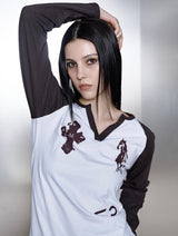 ANTIQ CROSS PONY LONG RAGLAN V-NECK SLEEVE T