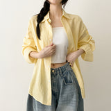 パステル 💛 薄手ストライプルーズフィットサマーロゴ長袖シャツ (6 colors)