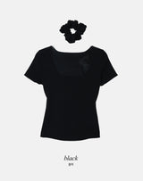 #Back Slit Square Short Sleeve Knit + Scrunchie Set (5color)
