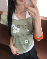 フラワーレタリングプリントホルターネック半袖Tシャツ
