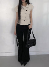 Newji Diagonal Button High-Neck Blouse Shirt