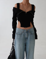 off-shoulder cut-out zip-up knitwear T-shirt