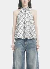 Check Ribbon Halter Blouse