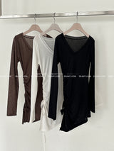 See-through Shirring V-neck Long T-shirt