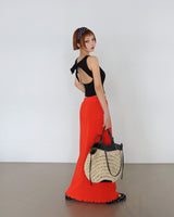 Back Slit Ribbon Knot Round Sleeveless