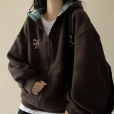 Check lining ribbon fleece hooded zip-up