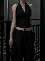 halterneck mesh shirring top