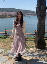 [Belt Set] Cheek Drape Check Unbalance Sleeveless Long One Piece