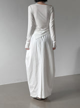 Boxy Pleated Cotton Balloon Long Skirt