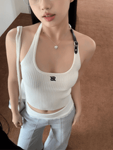 ホルターネックバックルリブノースリーブTシャツ
