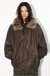 Faux fur-trimmed vintage-style two-piece jacket with a retro atmosphere