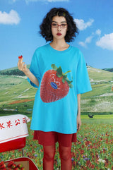 ストロベリーストアスタッフプリントラウンドネックカジュアル通気性半袖Tシャツ夏