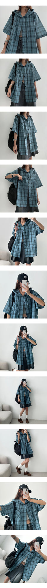 [High quality!] Hugh Linen Checkered Hooded Short Sleeve Shirt (3 colors)