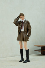 MOLLY LEATHER PLEATS SKIRT PANTS / BROWN