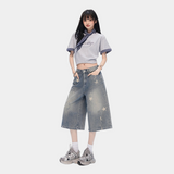 Vintage Star Print Washed Wide Cropped Denim Pants