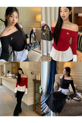 シューズレイヤードシャツオフショルダーロングスリーブTシャツ