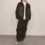 faux leather mix denim shirt_black