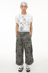 ブラックアンドホワイト花柄プリント半袖Tシャツ